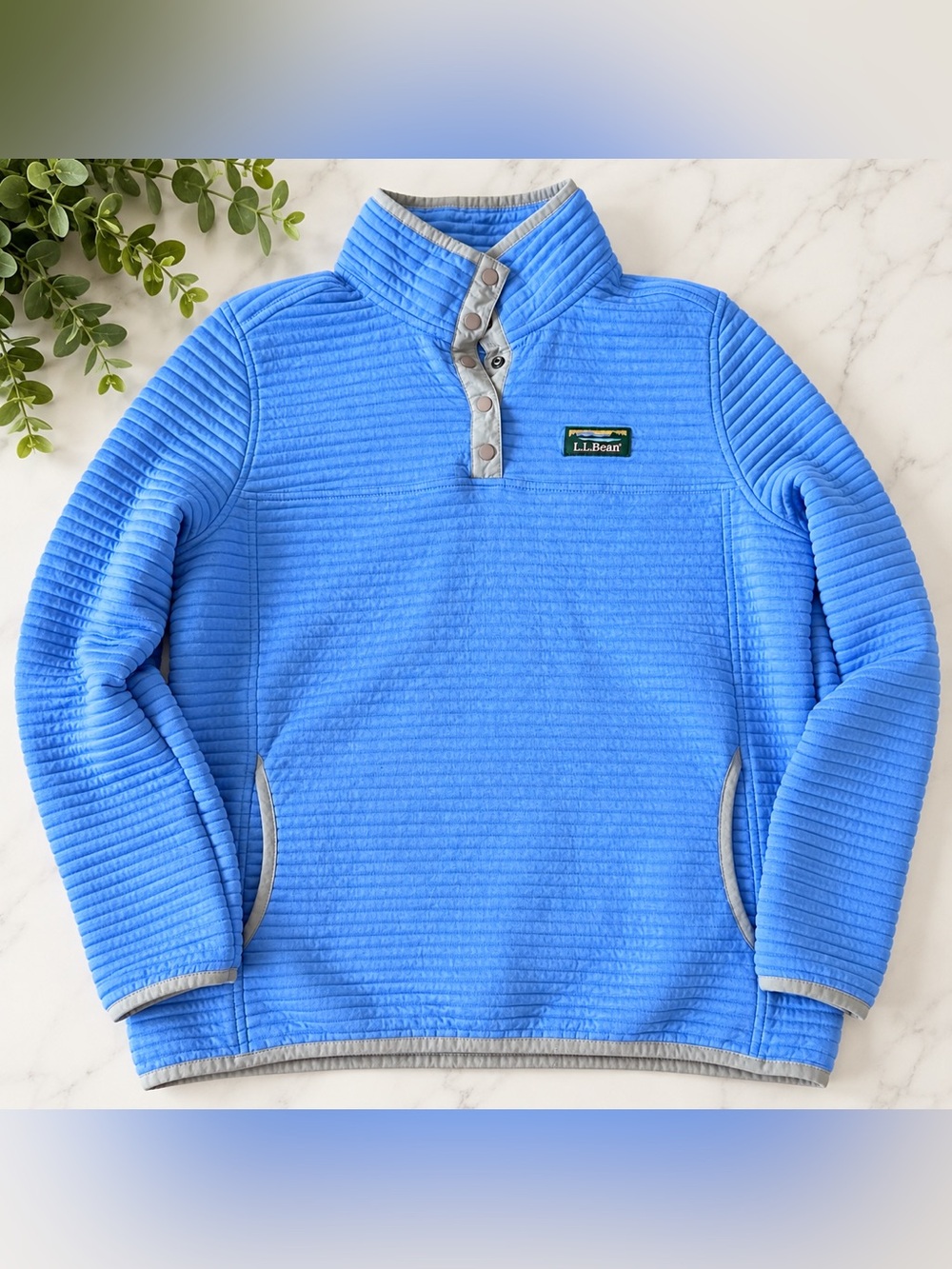 L.L.Bean Women’s Airlight Knit Pullover Medium Blue Snap Fleece Textured M